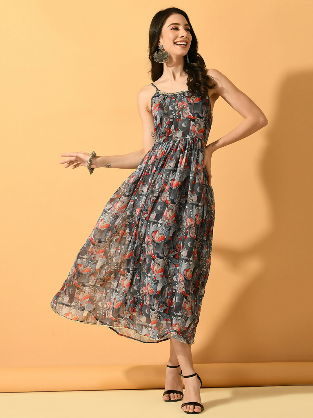 Myshka Women's Grey Fit and Flare Party Dress - Distacart