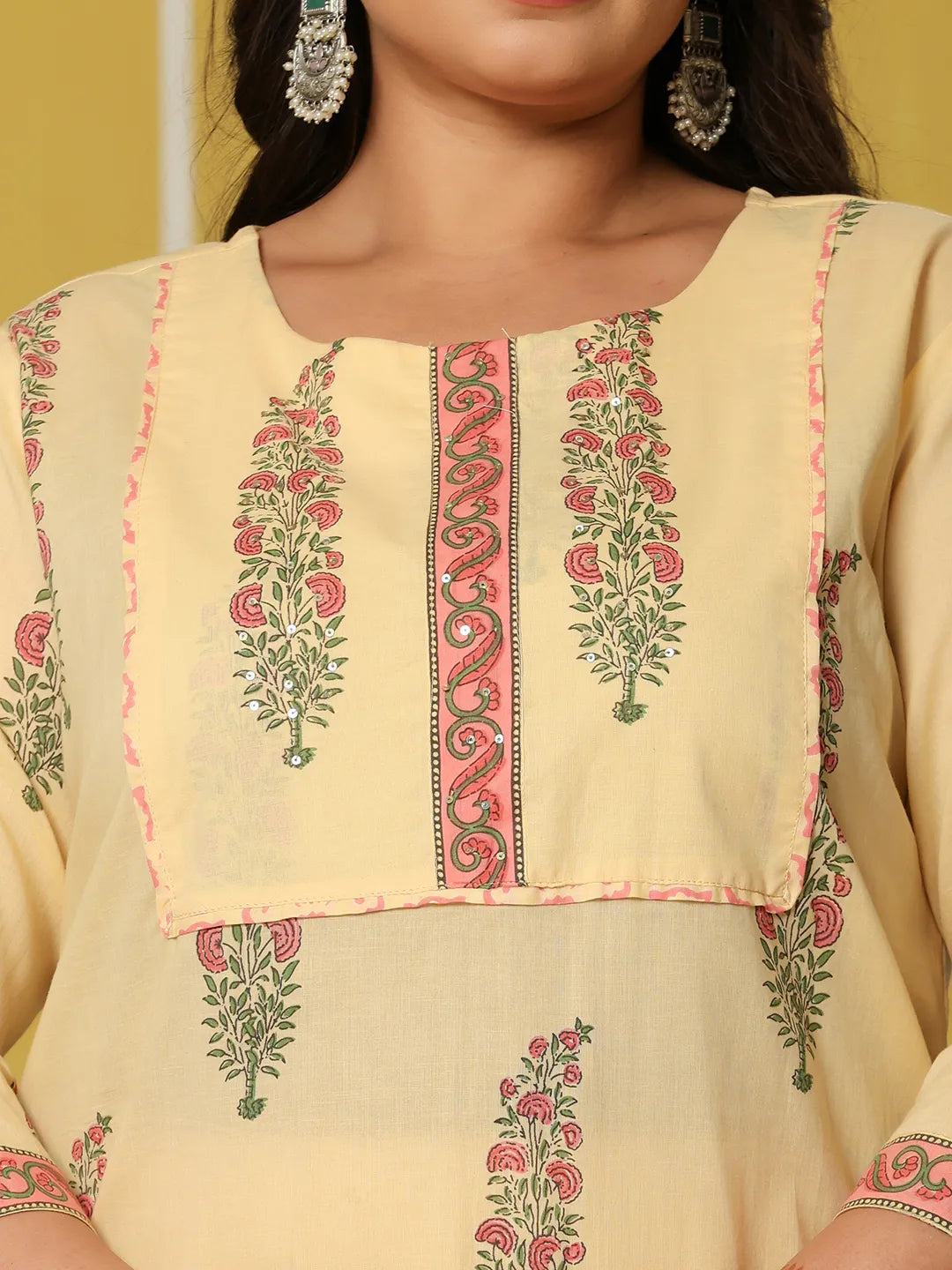Yufta Cream Cotton Straight Plus Size Kurta Set - Distacart
