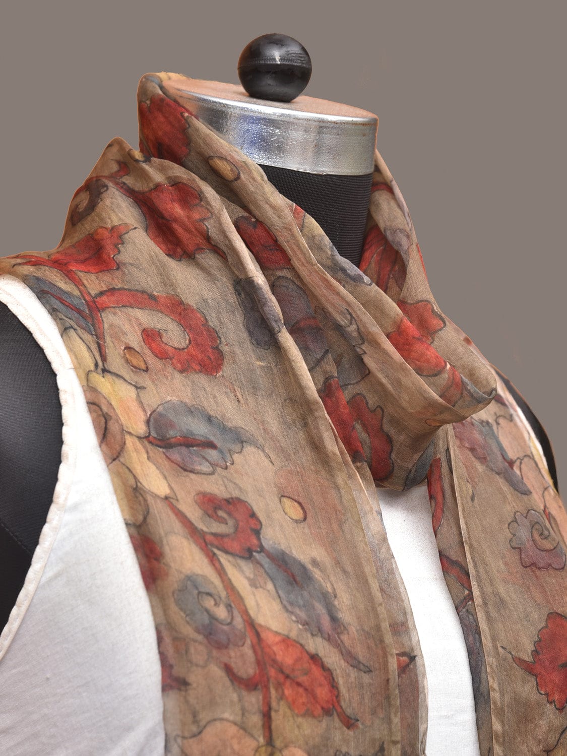 Cream Kalamkari Hand Painted Organza Stole with Floral Design - Global Threads - Distacart