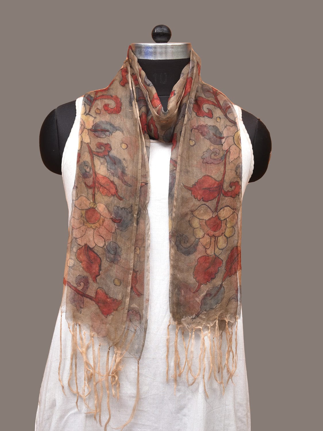 Cream Kalamkari Hand Painted Organza Stole with Floral Design - Global Threads - Distacart