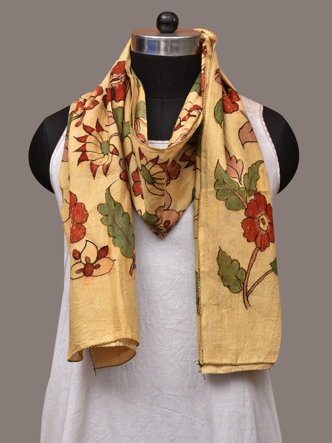 Cream Kalamkari Hand Painted Sico Stole with Floral Design - Global Threads - Distacart