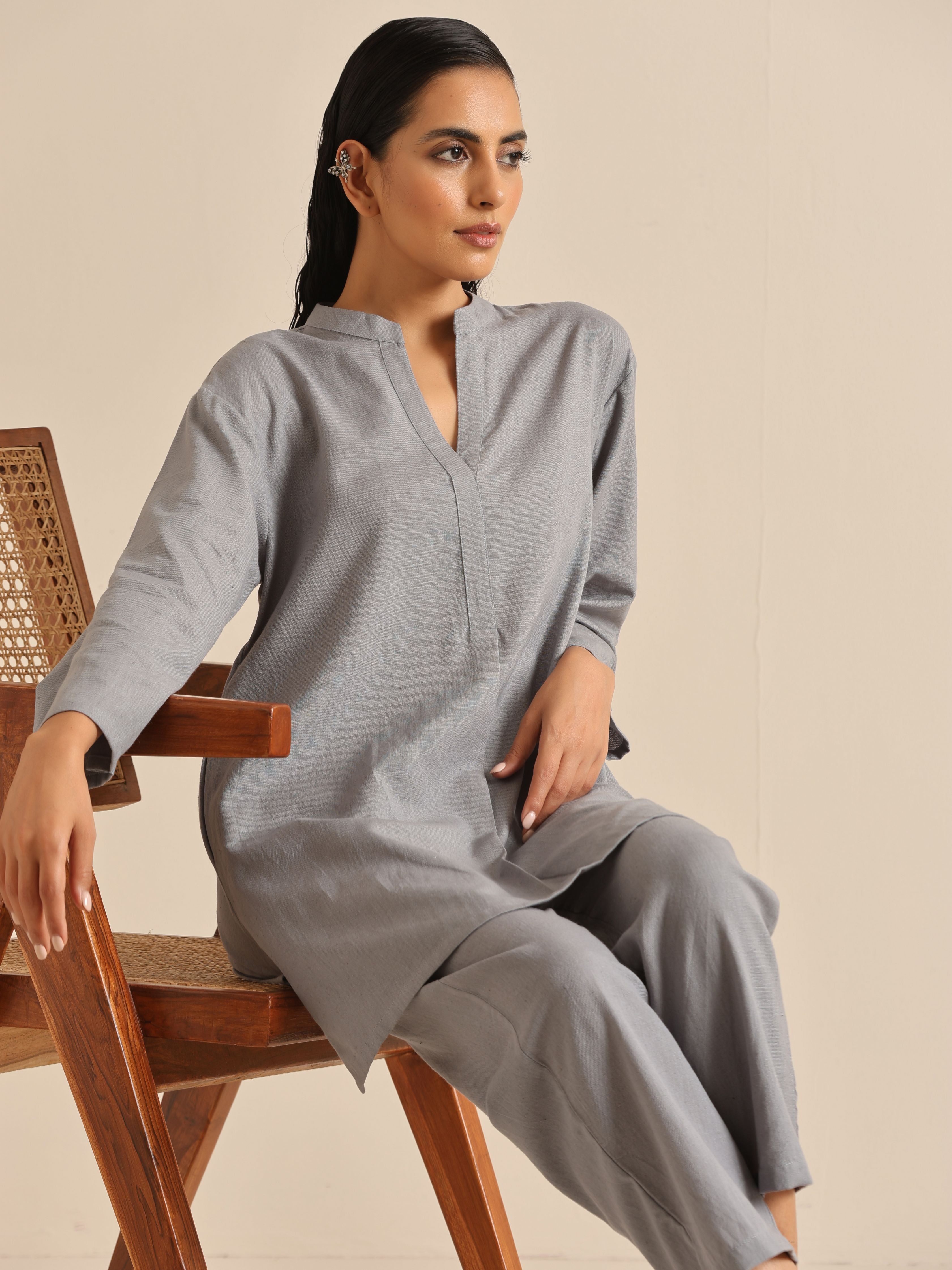 trueBrowns Steel Blue Khadi Relaxed Co-Ord Set - Distacart