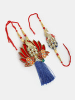 Thumbnail for NVR Women & Men Set of 2 Gold-Toned Peacock Design Stone-Studded Bhaiya Bhabhi Rakhi With Roli Chawal - Distacart
