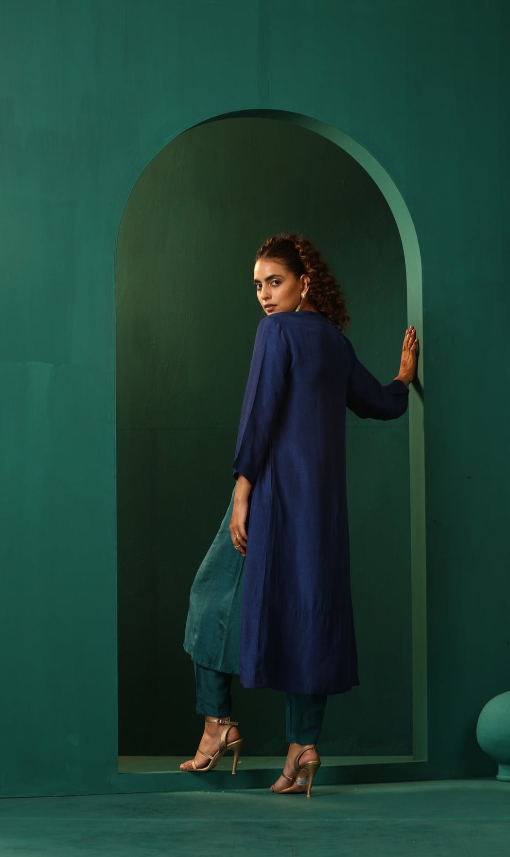 trueBrowns Blue Teal Silk Kurta Jacket Set - Distacart