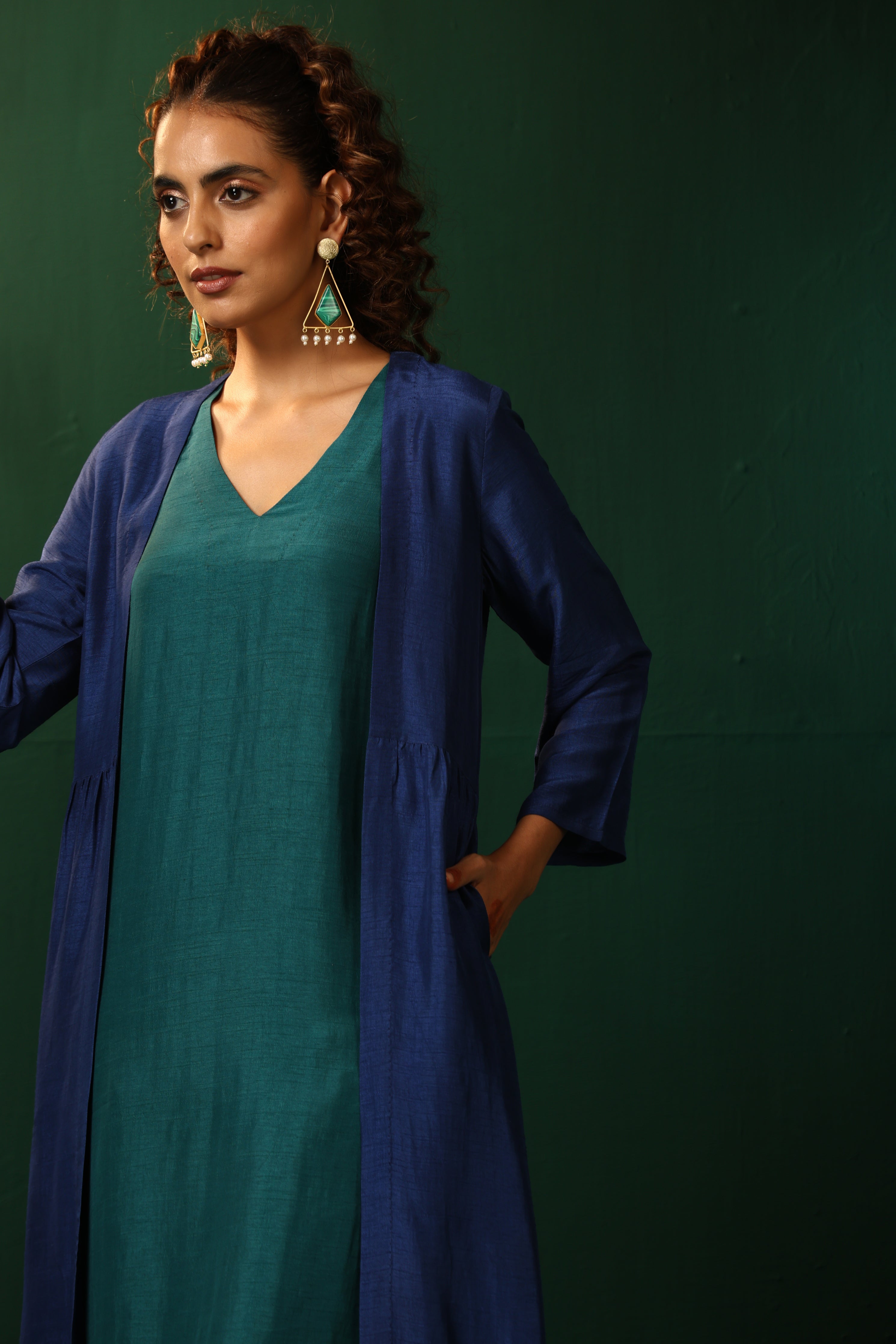 trueBrowns Blue Teal Silk Kurta Jacket Set - Distacart