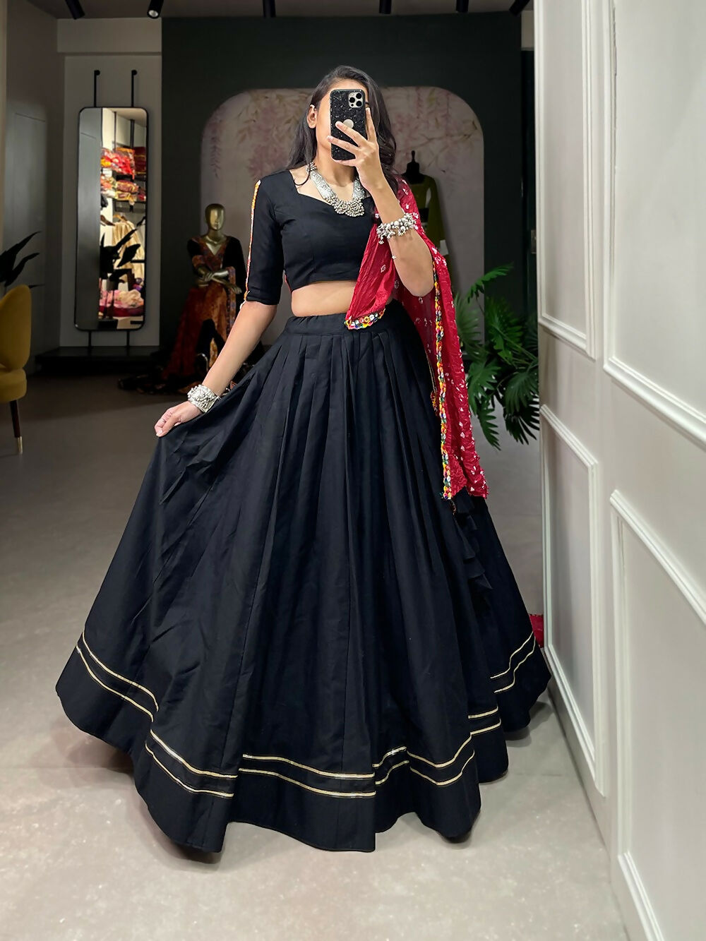 Vastranavya Navaratri Special Pure Cotton Plain With Gotta Patti Touch Up Lehenga Stitched Choli - Black - Distacart