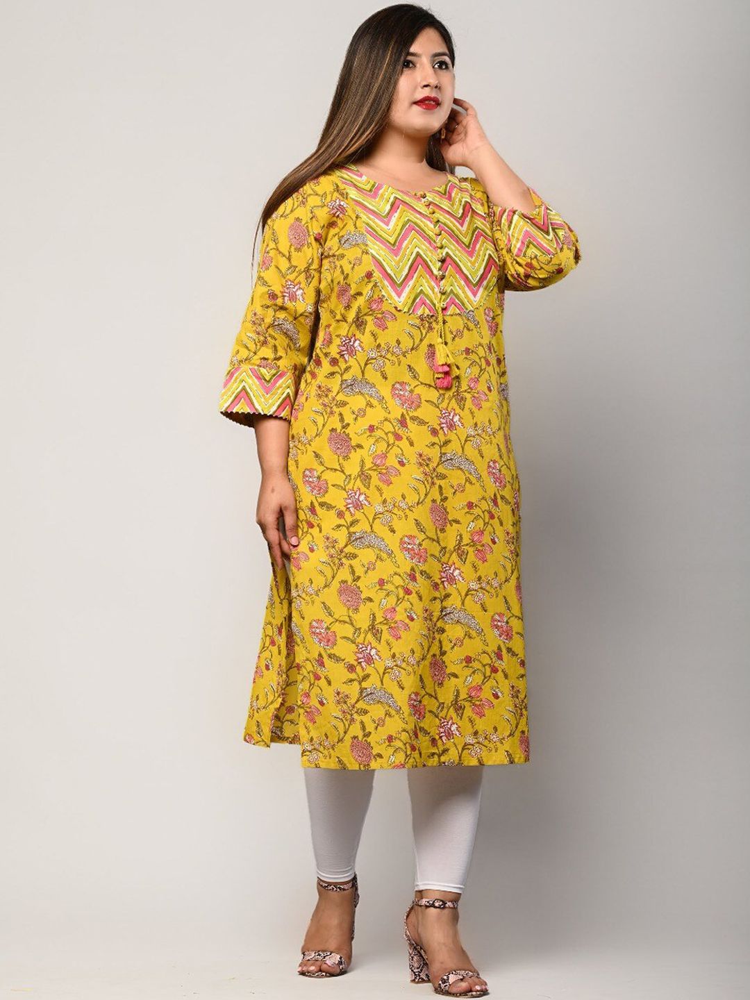 Swasti Women Plus Size Yellow Floral Printed Regular Sleeves Straight Kurta - Distacart