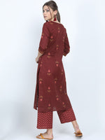 Thumbnail for Vishudh Women Maroon Floral Printed Pure Cotton Kurta With Palazzos - Distacart