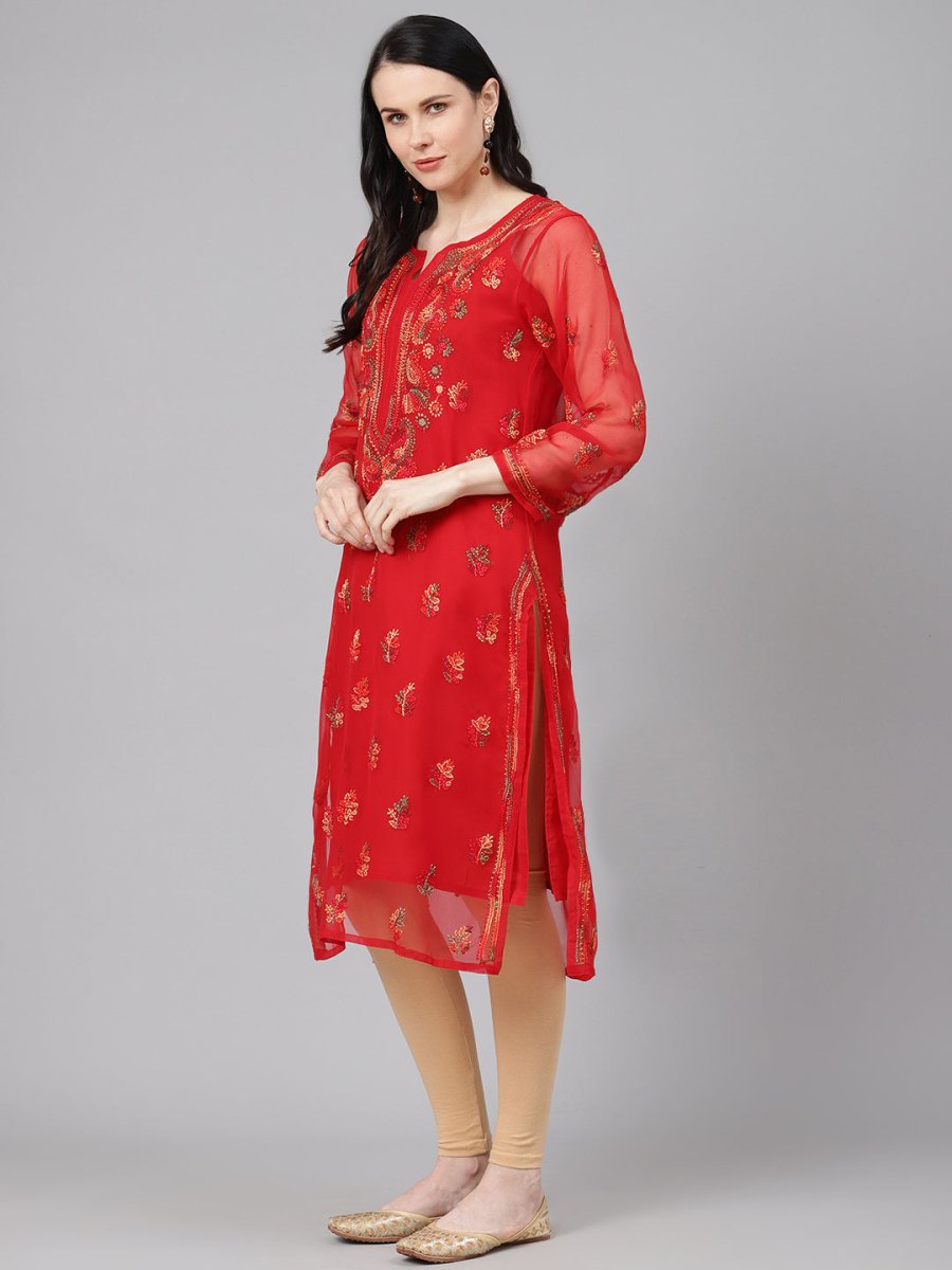 ADA Women Red & Yellow Sheer Chikankari Embroidered Straight Sustainable Handloom Kurta with Inner - Distacart
