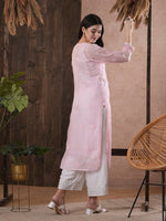 Thumbnail for ADA Women Pink Chikankari Hand Embroidered Straight Kota Handloom Kurta With Matching Slip - Distacart