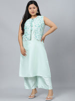 Thumbnail for Sztori Plus Size Round Neck Sleeveless Art Silk Kurta With Palazzo & Jacket - Distacart