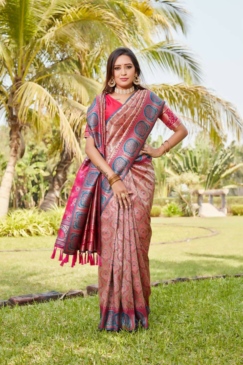 Vastranavya Boutique Collection Kanjivaram Soft Silk Saree With Unstitched Blouse - Coral - Distacart