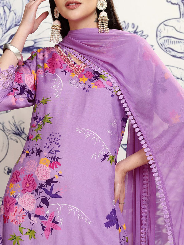 Vishudh Purple Floral Printed Regular Kurta with Trousers & With Dupatta - Distacart