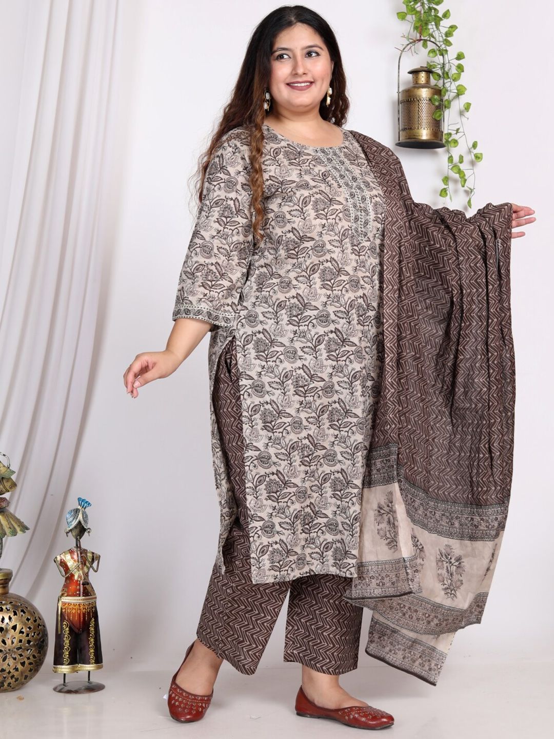 Swasti Floral Printed Regular Sequinned Pure Cotton Kurta with Trousers & With Dupatta - Distacart