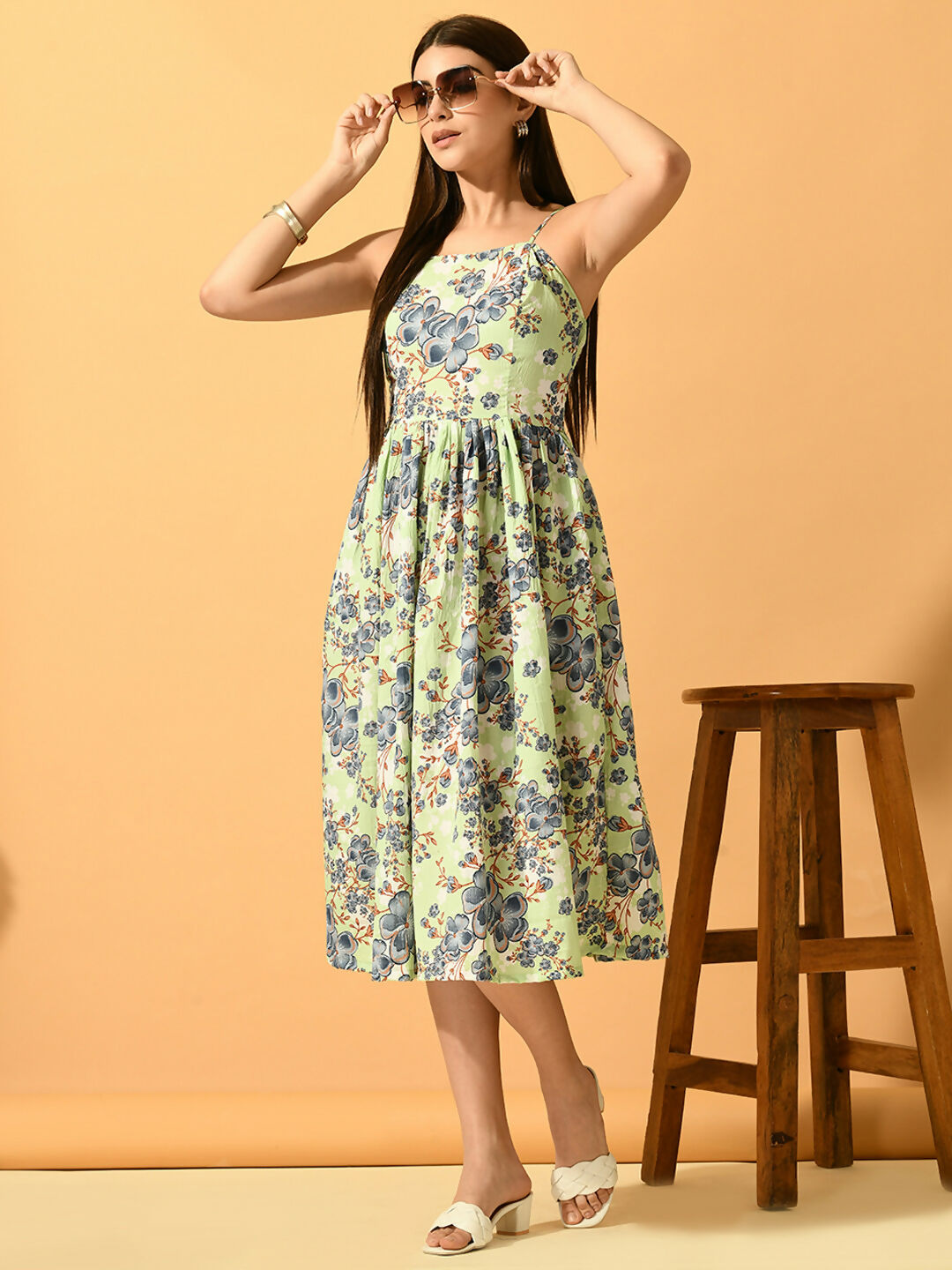 Myshka Women's Lime Green Fit and Flare Party Dress - Distacart