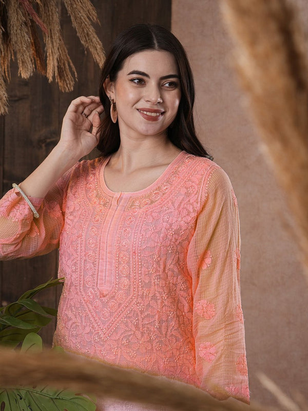 ADA Women Peach-Coloured Chikankari Hand Embroidered Straight Kota Handloom Kurta With Matching Slip - Distacart