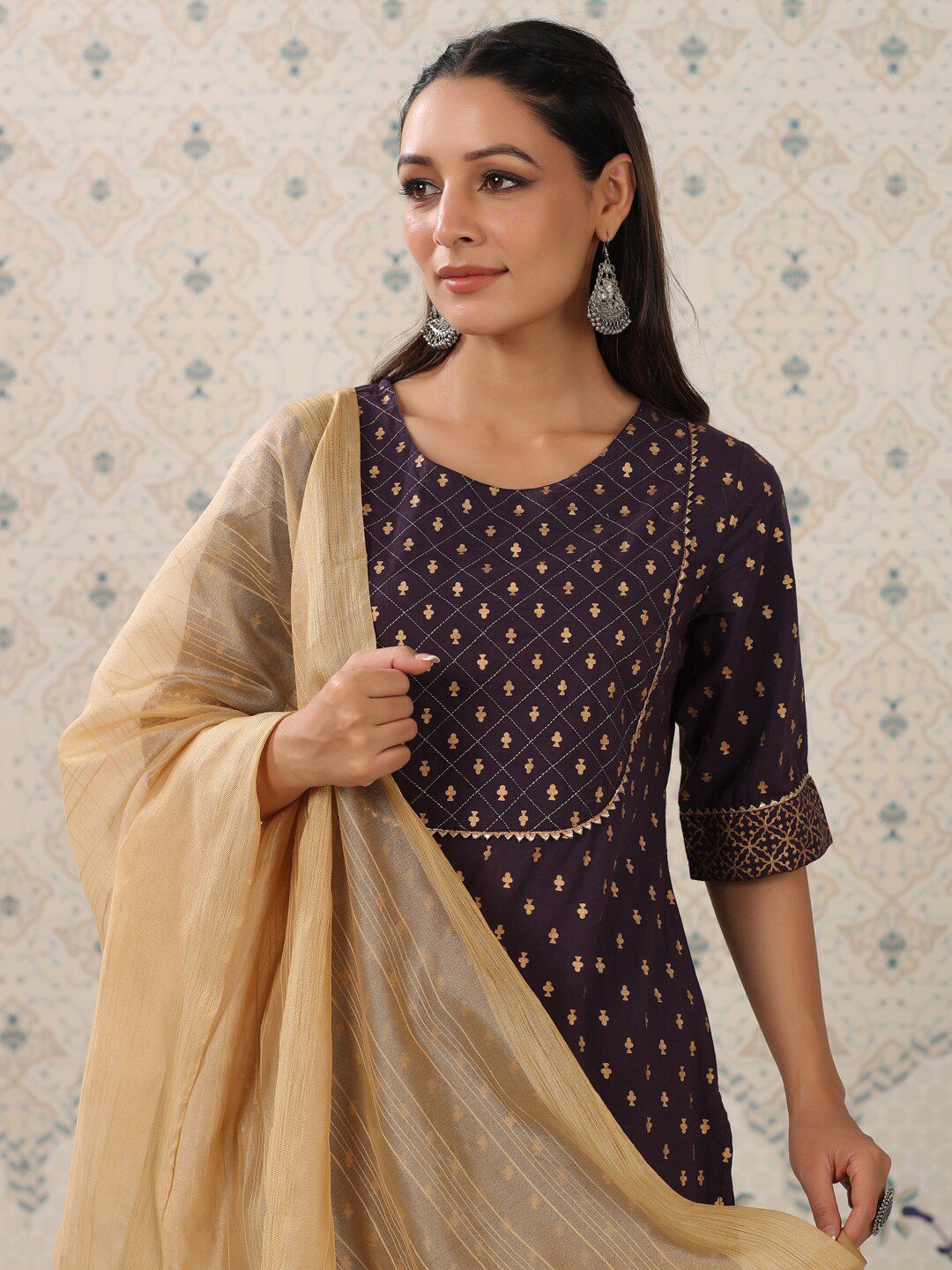 Ode by House of Pataudi Purple Floral Printed Pure Cotton Kurta With Sharara & Dupatta - Distacart