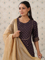 Thumbnail for Ode by House of Pataudi Purple Floral Printed Pure Cotton Kurta With Sharara & Dupatta - Distacart