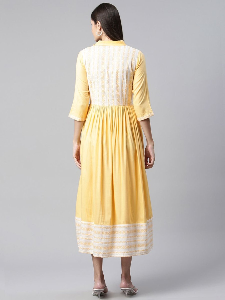 AURELIA Yellow & White Yoke Design Cotton Maxi Ethnic Dress - Distacart