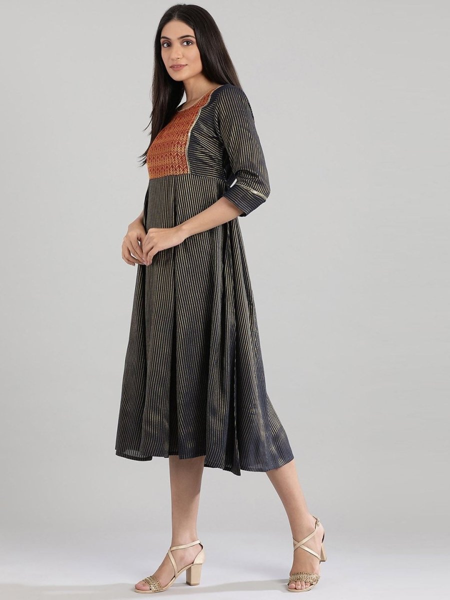 AURELIA Women Navy Blue Striped A-Line Ethnic Dress - Distacart
