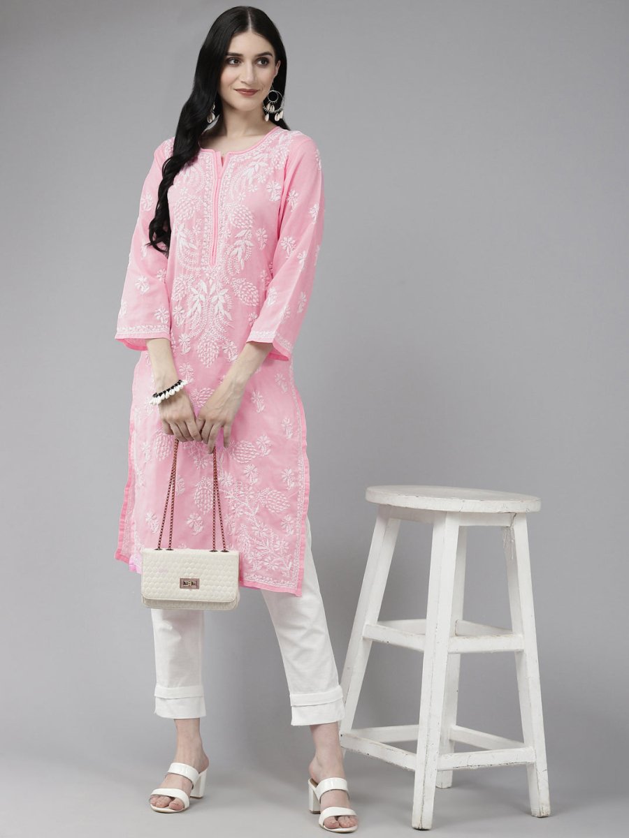 ADA Women Pink & White Ethnic Motifs Embroidered Chikankari Cotton Kurta - Distacart