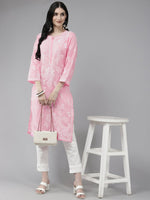 Thumbnail for ADA Women Pink & White Ethnic Motifs Embroidered Chikankari Cotton Kurta - Distacart