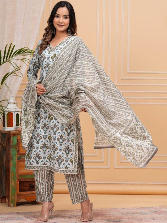Floral Printed Regular Pure Cotton Straight Kurta with Palazzos & With Dupatta (Grey) - Rasiya