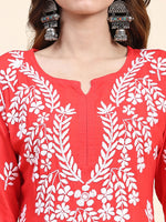 Thumbnail for HOUSE OF KARI Floral Embroidered Chikankari Pure Cotton Straight Kurta With Trousers - Distacart