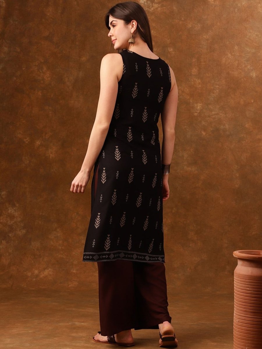 Anouk Black Ethnic Motifs Printed Sleeveless Straight Kurta