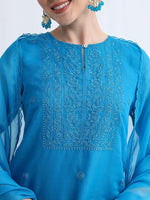 Thumbnail for Vishudh Blue Floral Embroidered Keyhole Neck Straight Kurta & Palazzos With Dupatta - Distacart