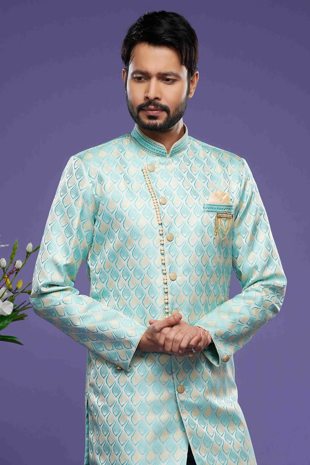 Raivat Ethnic Banarasi Jacquard Embroidery Semi Indo Western Sherwani In Sky Blue Colour