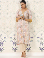 Thumbnail for Ode by House of Pataudi Off Floral Printed Sequinned Floral Kurta - Distacart