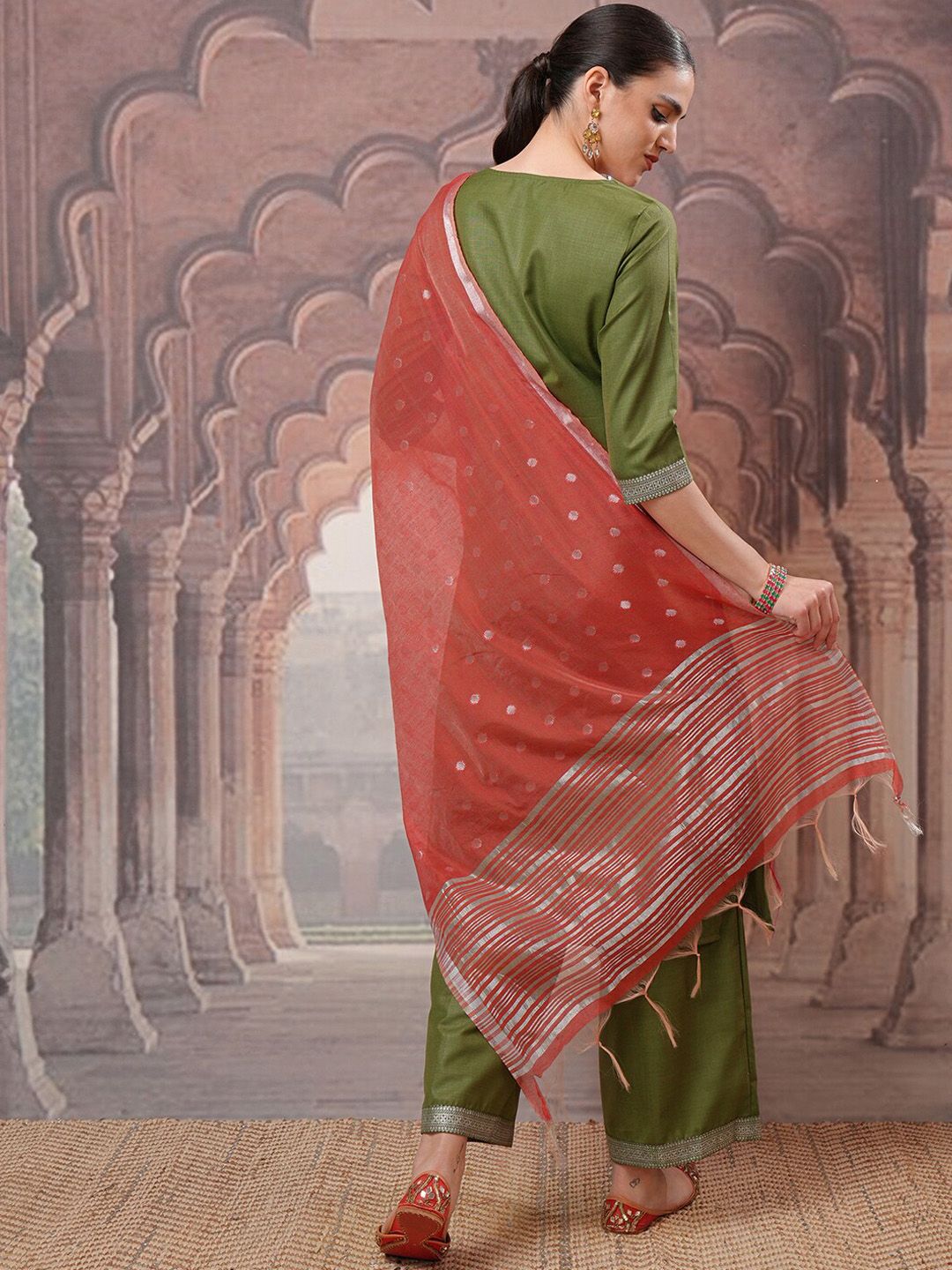 Vishudh Green Ethnic Motifs Printed Kurta with Palazzo & Dupatta