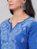 Thumbnail for ADA Women Blue & White Chikankari Hand-Embroidered Straight Sustainable Handloom Kurta - Distacart