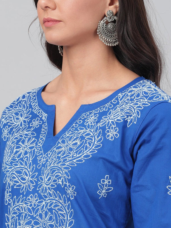 ADA Women Blue & White Chikankari Hand-Embroidered Straight Sustainable Handloom Kurta - Distacart