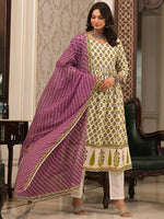 Thumbnail for Vishudh White Floral Printed Pleated Pure Cotton Kurta with Trouser & Dupatta - Distacart