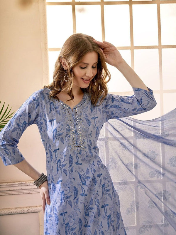 Anouk Blue Floral Embroidered Mirror Work V-Neck Pure Cotton Kurta With Trousers & Dupatta - Distacart