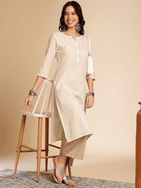 Thumbnail for Anouk Off White Printed Mandarin Collar Cotton Straight Kurta