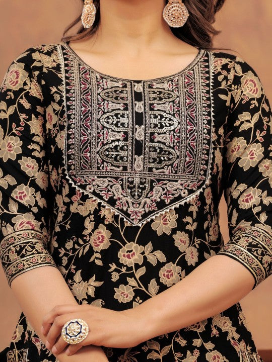 Floral Printed Gotta Patti Straight Kurta with Sharara & Dupatta (Black) - Rasiya