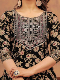 Thumbnail for Floral Printed Gotta Patti Straight Kurta with Sharara & Dupatta (Black) - Rasiya