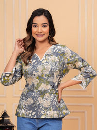 Thumbnail for Floral Print Mandarin Collar Shirt Style Top (Grey) - Rasiya