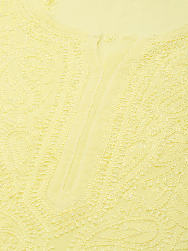 ADA Women Yellow Ethnic Motifs Embroidered Chikankari Georgette Handloom Kurta - Distacart