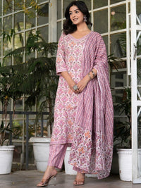 Thumbnail for Ethnic Motifs Printed Pure Cotton Straight Kurta with Palazzos & With Dupatta (Pink) - Rasiya
