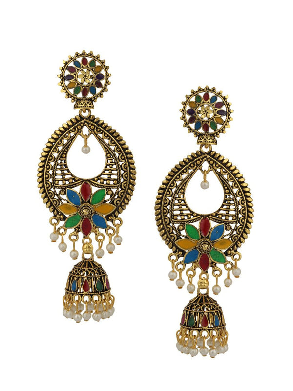 Anikas Creation Gold-Toned & Multicoloured Contemporary Jhumkas Earrings - Distacart