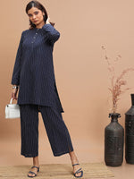 Thumbnail for Vishudh Striped Band Collar Pure Cotton Straight Kurta With Palazzos - Distacart