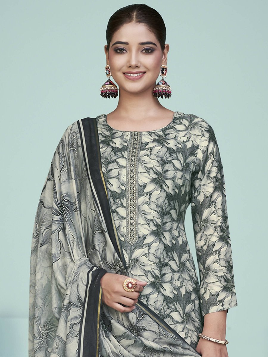 Aastha Fashion Women's Grey Muslin Digital Print with Resham Thread work Kurta with Trouser & Dupatta - Distacart