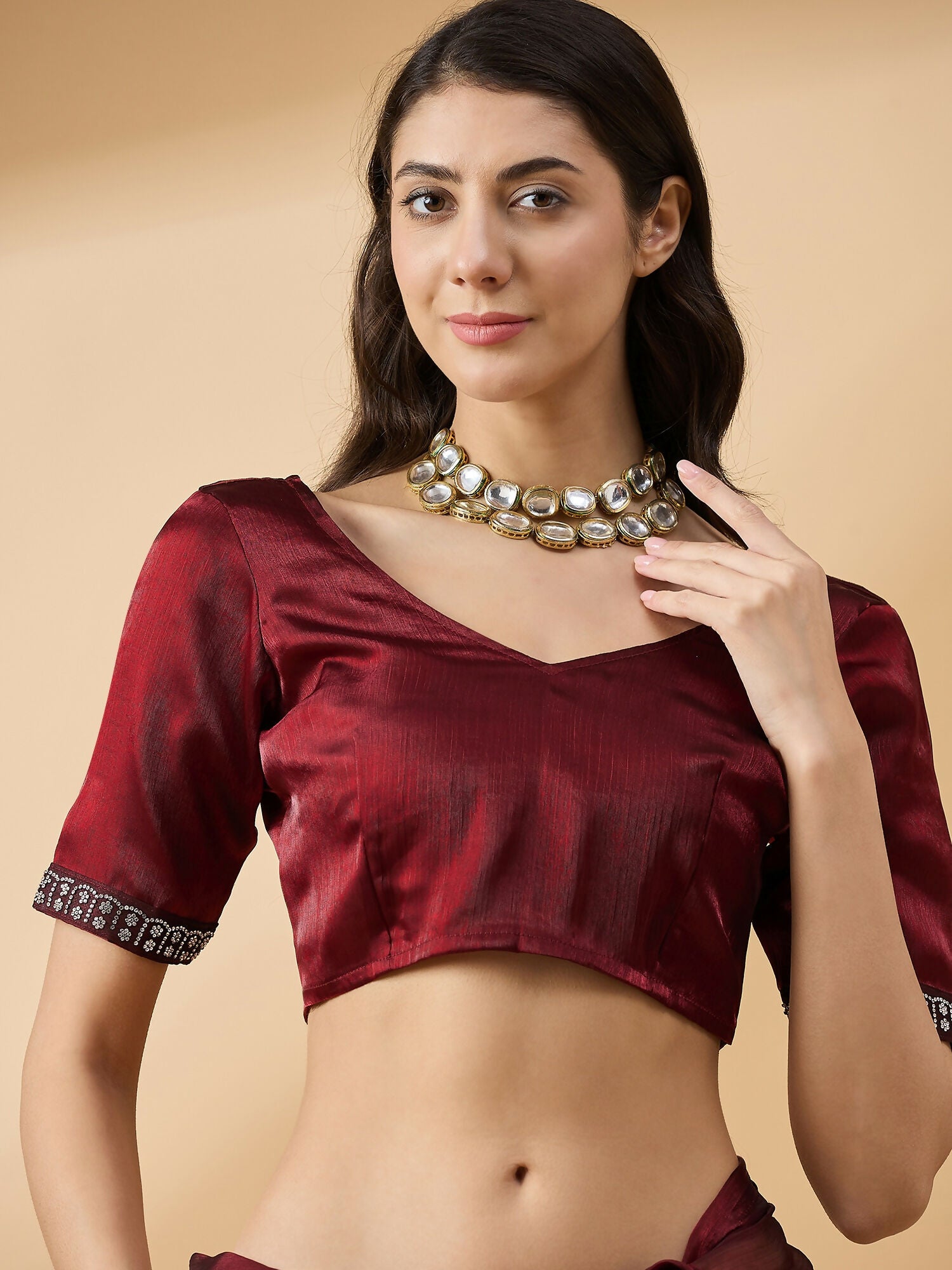 Brown Organza Swaroski Diamond Work Saree with Unstitched Blouse - Radha - Distacart