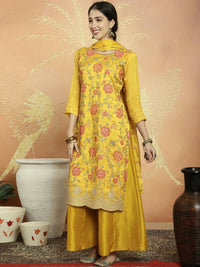 Thumbnail for Aastha Fashion Women's Yellow Upada Silk Floral Resham Thread Kurta with Trouser & Dupatta - Distacart