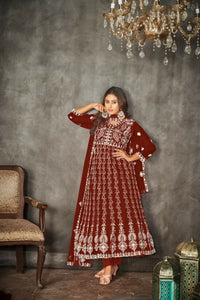Thumbnail for Jyoti Fashion Women's Maroon Net Embroidered Anarkali Kurta Pant Set With Dupatta