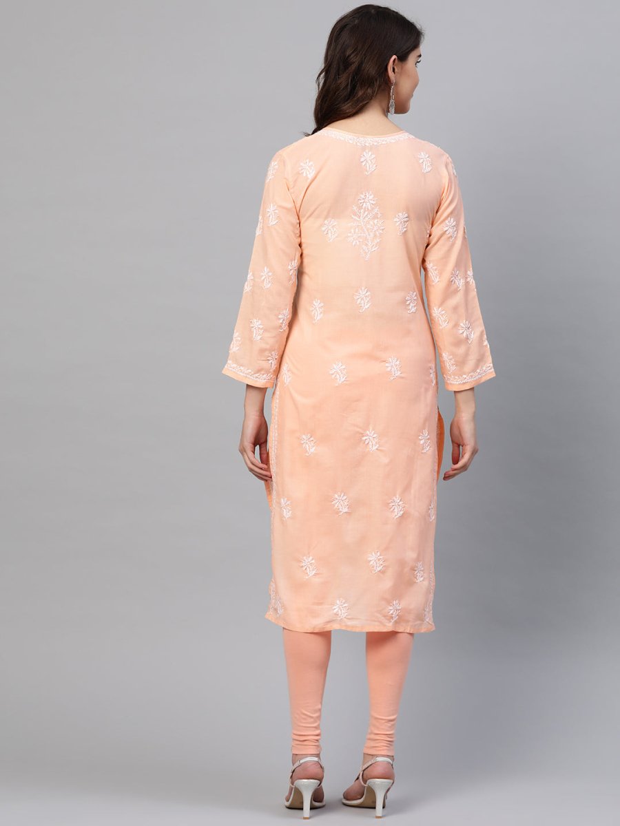 ADA Women Peach-Coloured & White Chikankari Embroidered Straight Sustainable Kurta - Distacart